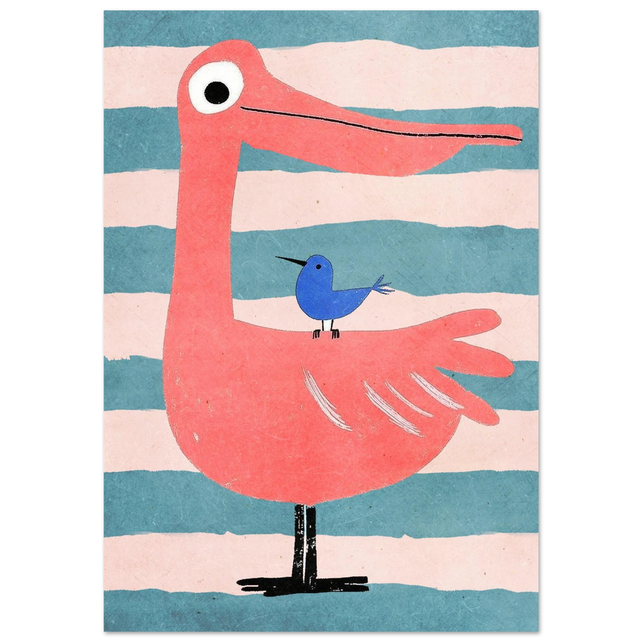 Rosa flamingo med en blå fågel på ryggen – lekfull djurposter
