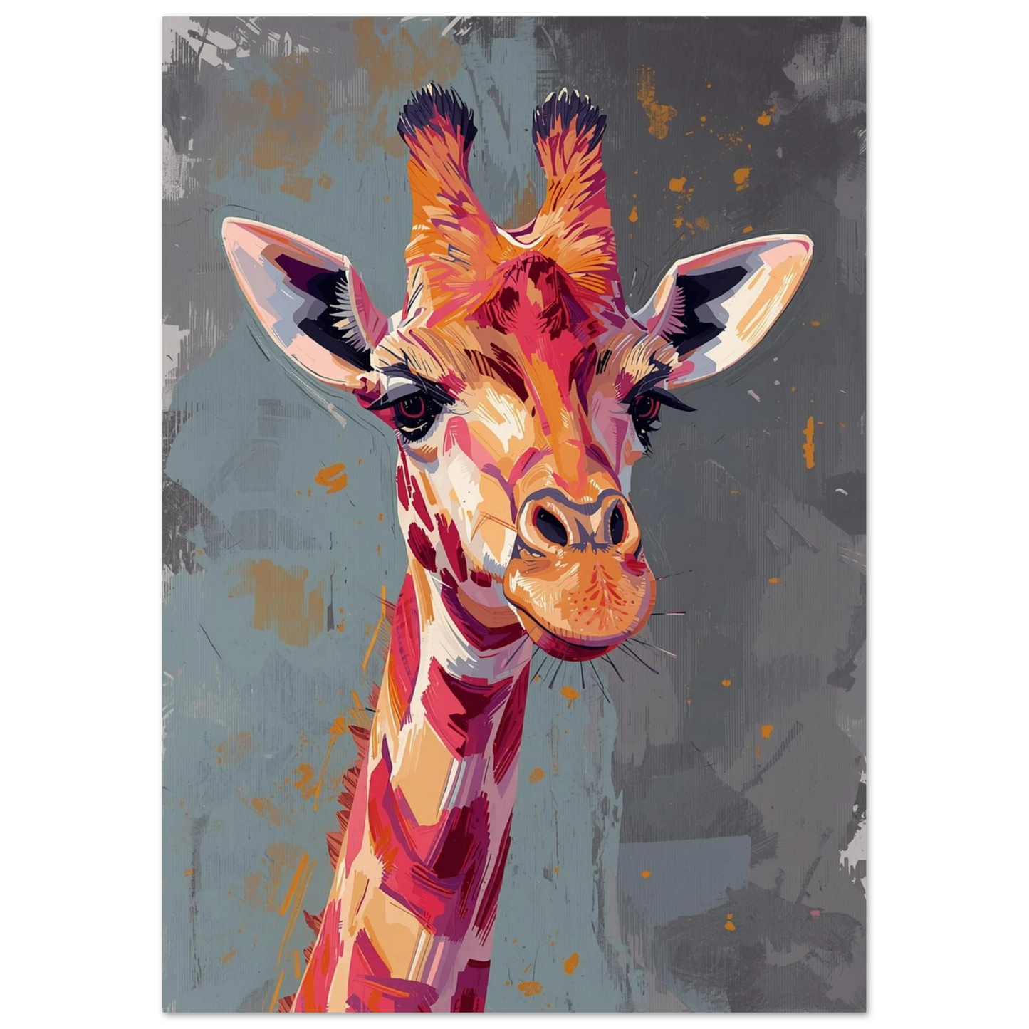 Abstrakt djurposter föreställande en giraff med intensiv blick och varma färgtoner
