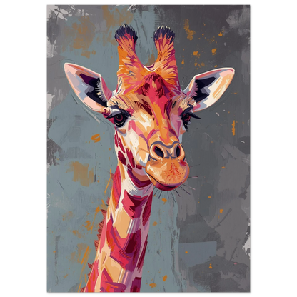 Abstrakt djurposter föreställande en giraff med intensiv blick och varma färgtoner