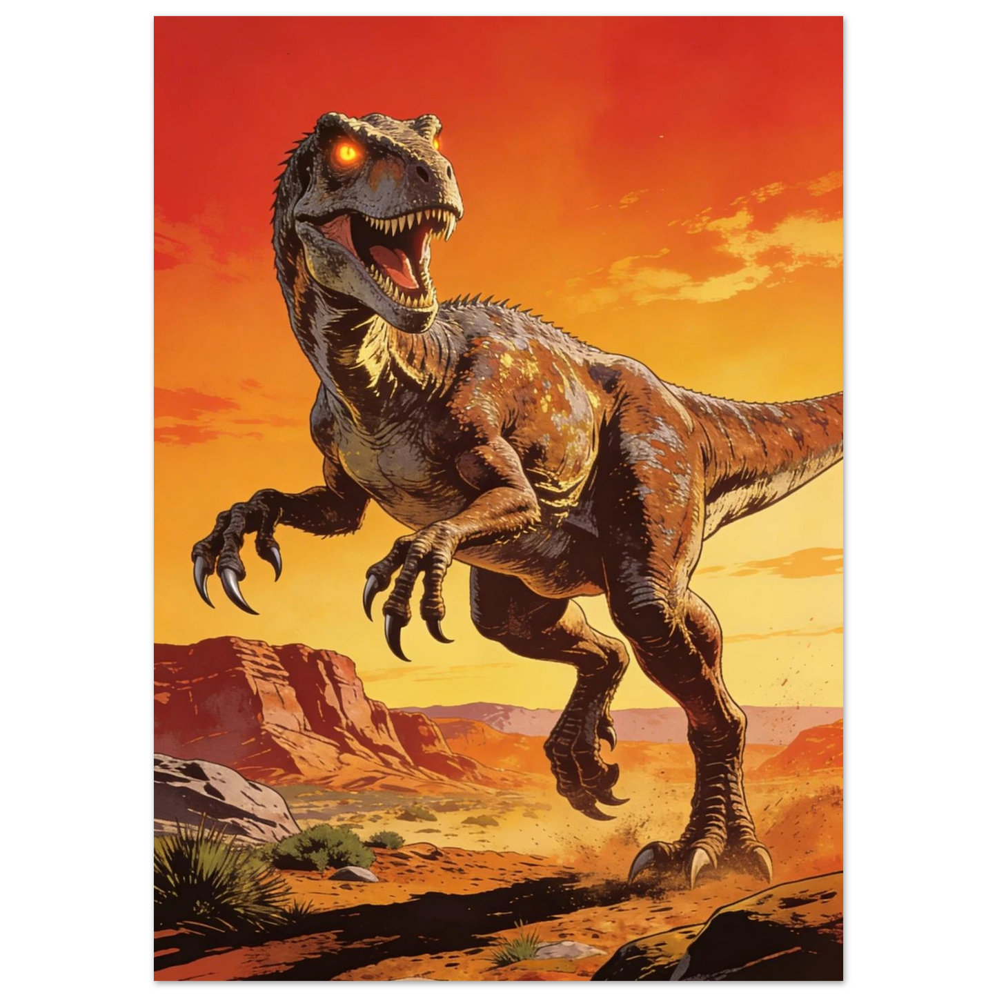 Närbild på tecknad raptor med öppen mun och vassa tänder i öknen – Tecknad poster