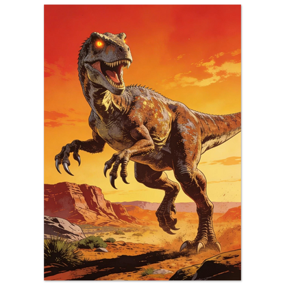 Närbild på tecknad raptor med öppen mun och vassa tänder i öknen – Tecknad poster