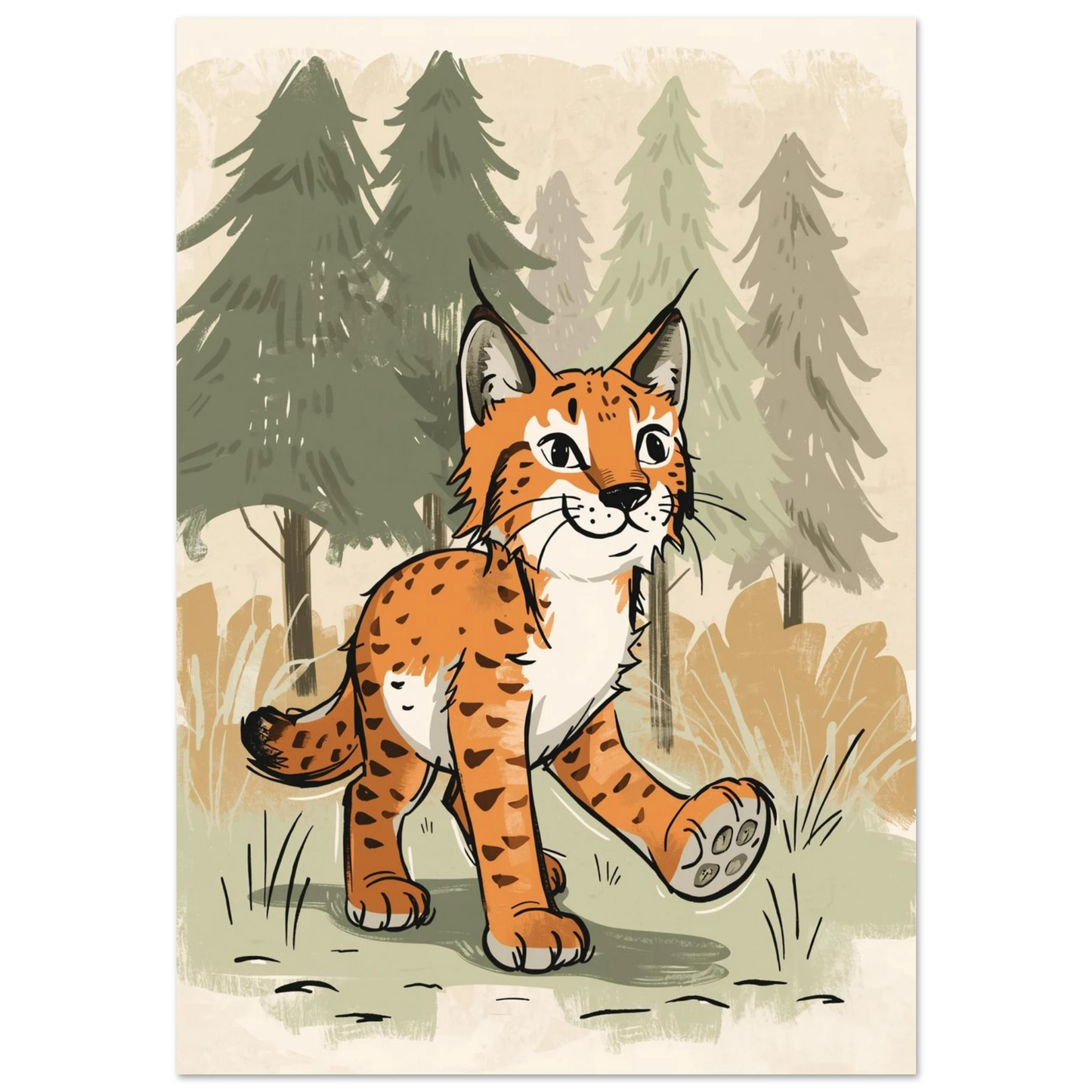 Illustration av ett orange lodjur med stora tassar i en grön barrskog
