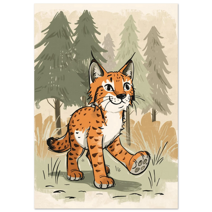 Illustration av ett orange lodjur med stora tassar i en grön barrskog
