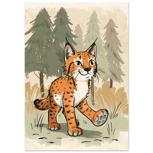Illustration av ett orange lodjur med stora tassar i en grön barrskog