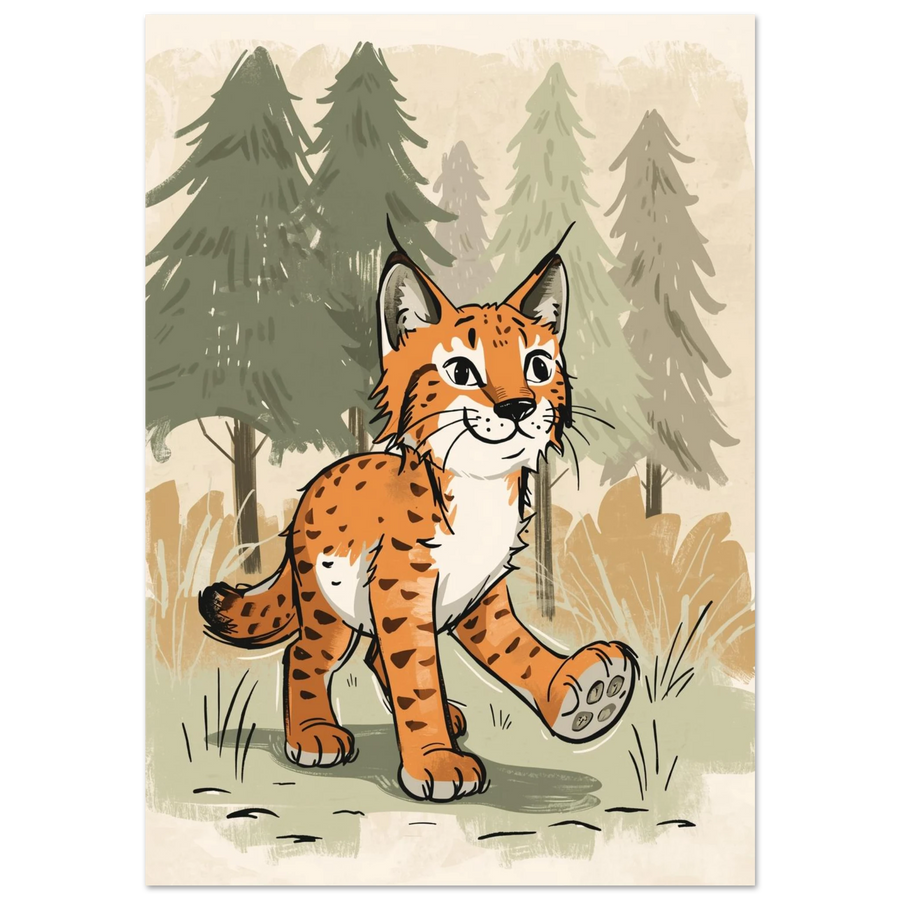 Illustration av ett orange lodjur med stora tassar i en grön barrskog