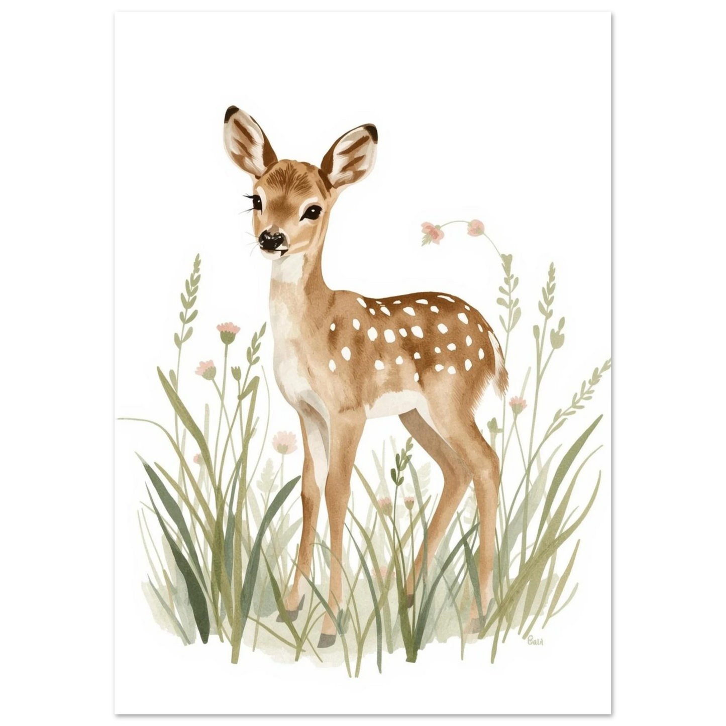 Konstnärlig djurposter föreställande ett rådjurskid i mjuk gouache-stil