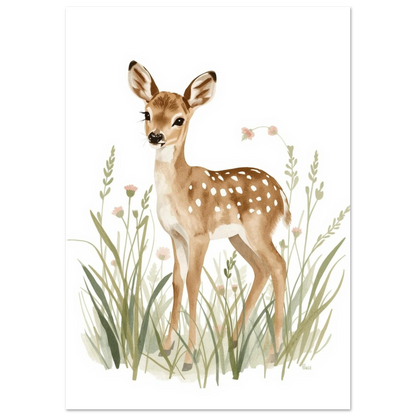 Konstnärlig djurposter föreställande ett rådjurskid i mjuk gouache-stil