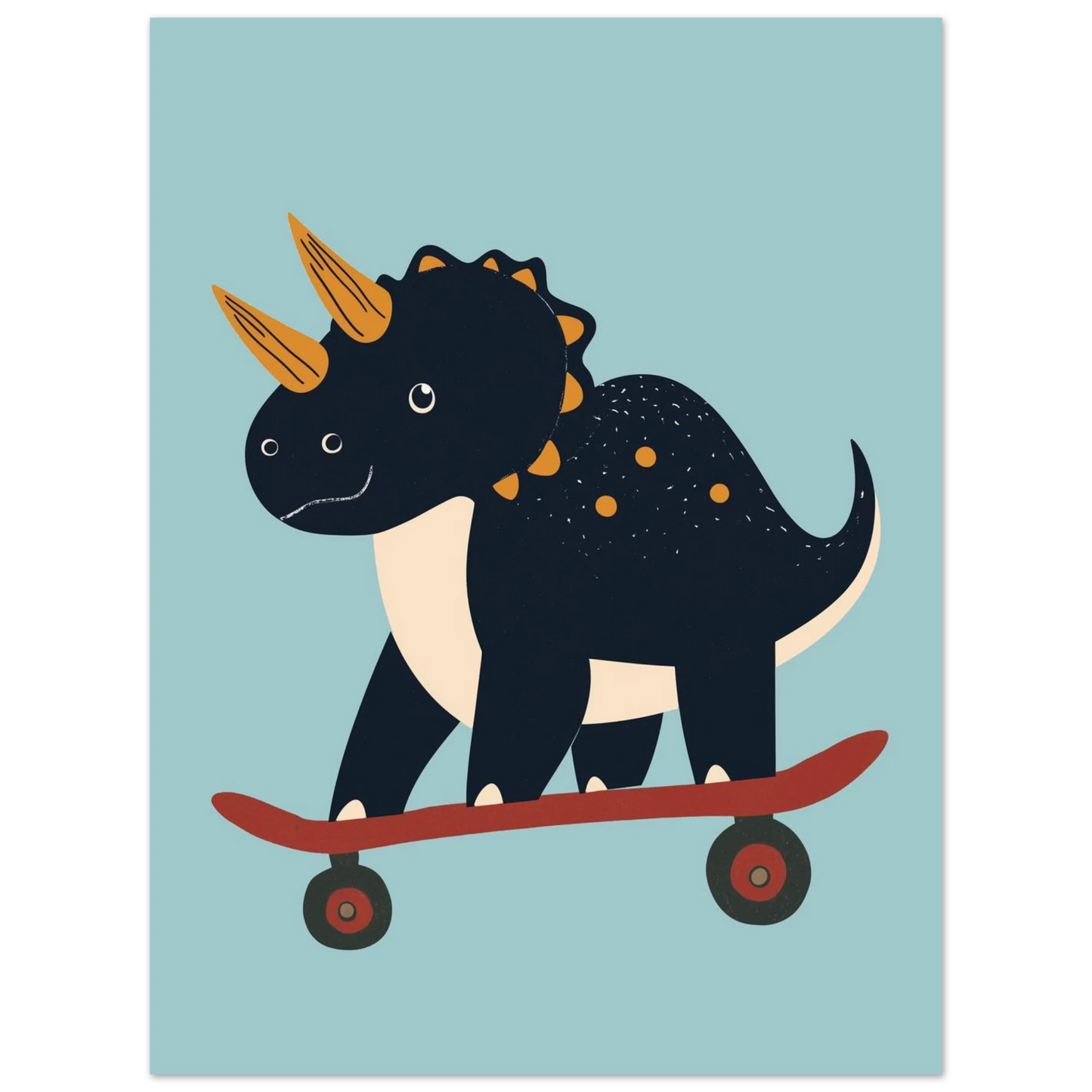 Lekfull djurposter föreställande en mörk dinosaurie på en röd skateboard