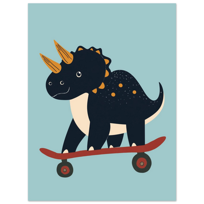 Lekfull djurposter föreställande en mörk dinosaurie på en röd skateboard