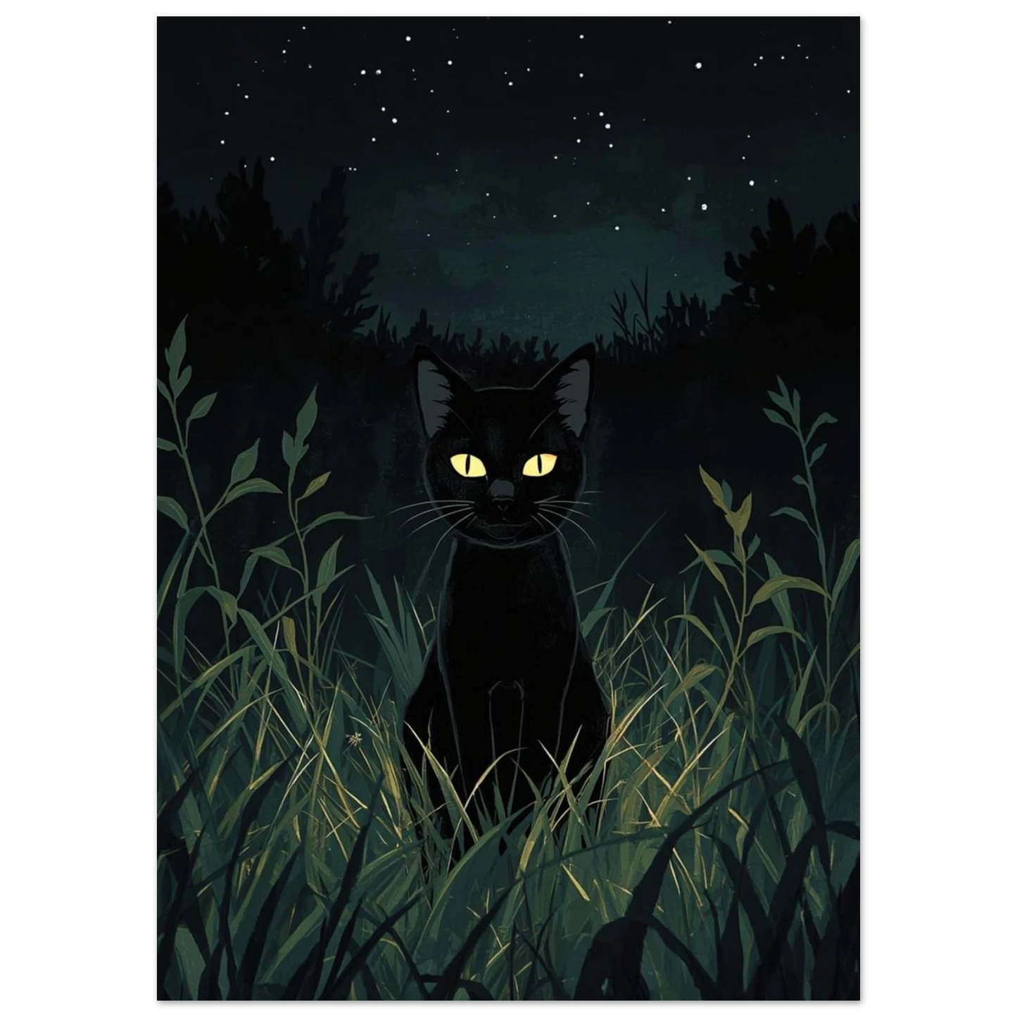 Illustration av svart katt under stjärnklar himmel i Ghibli-stil