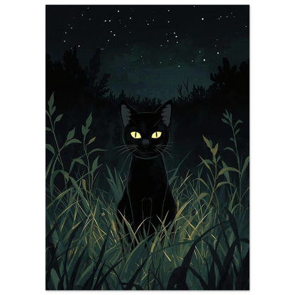 Illustration av svart katt under stjärnklar himmel i Ghibli-stil
