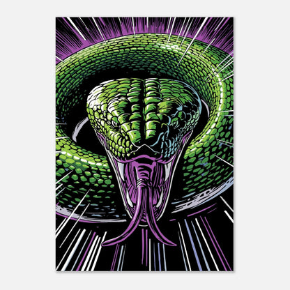 Inramad poster med ett hypnotiskt ormmotiv i gröna och lila toner