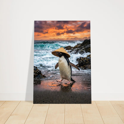 Poster med en pingvin i hatt på en strand, lutad mot en vit vägg i ett rum – Fotorealistisk poster