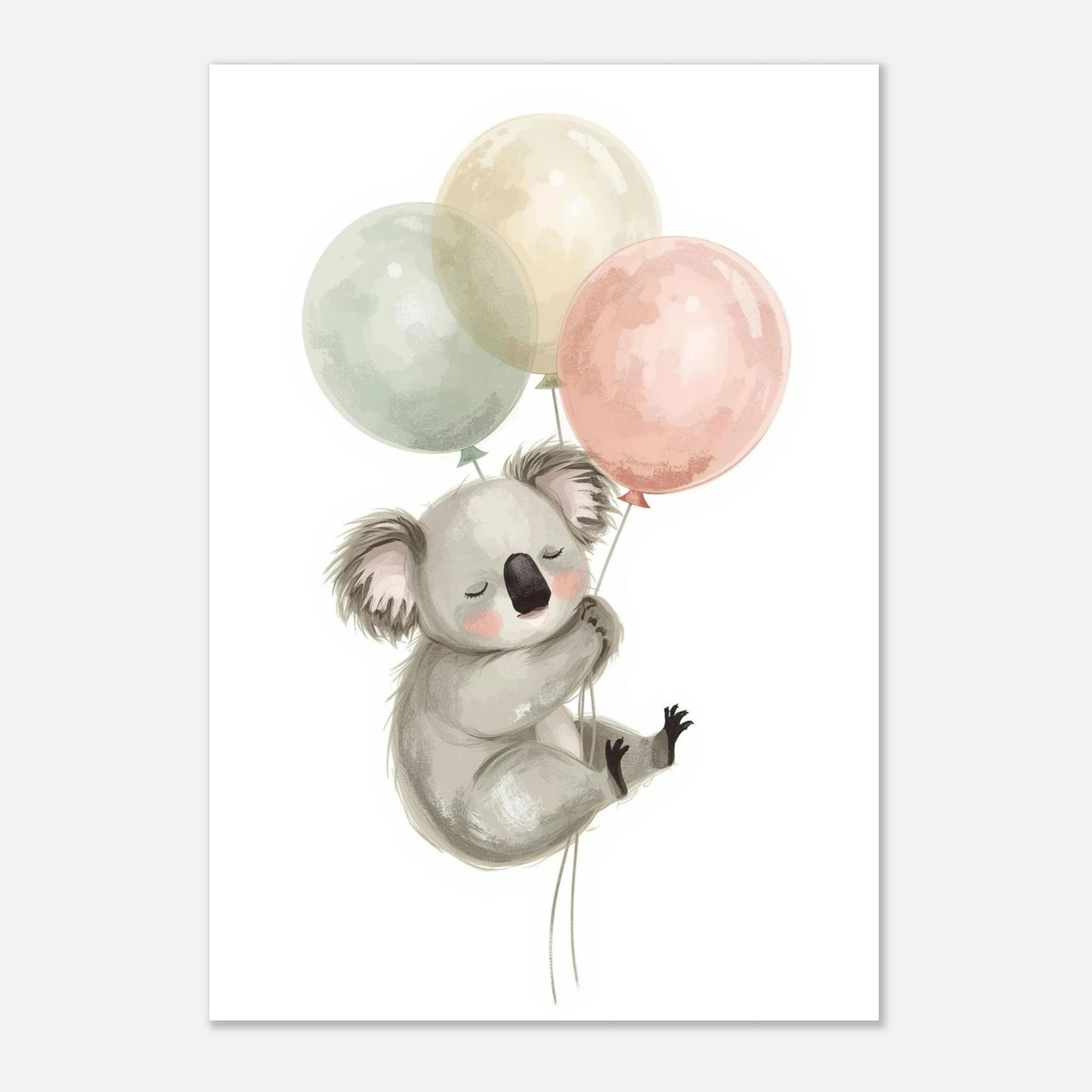 Inramad poster med en liten koala som flyger med ballonger