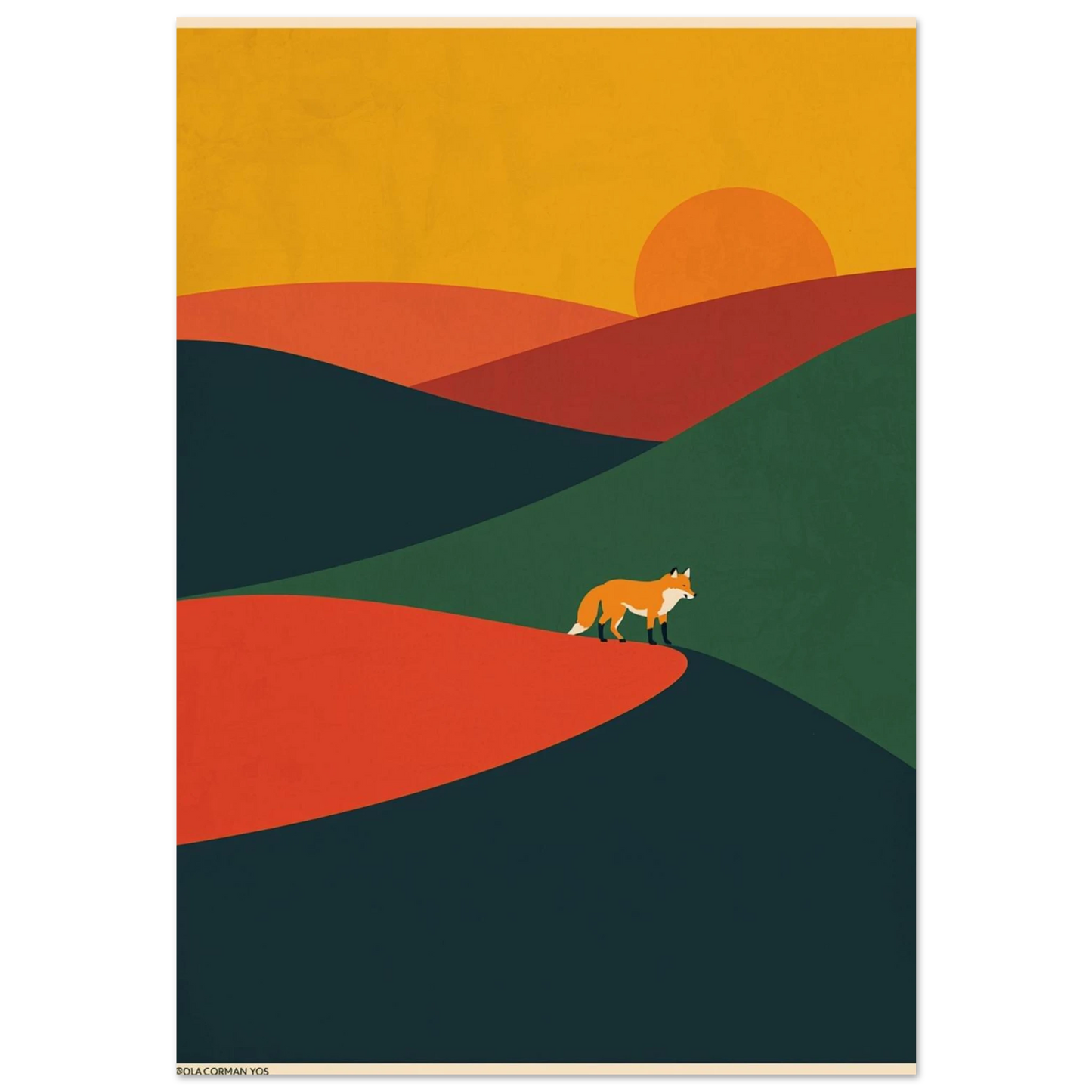 Abstrakt rävposter med böljande kullar och orange solnedgång i modern stil