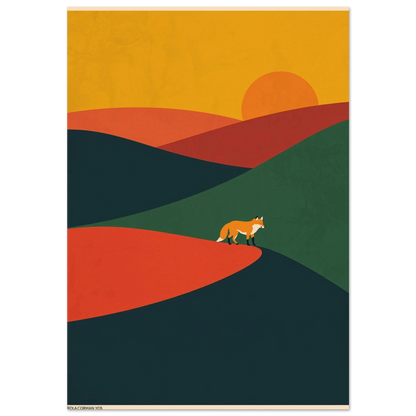 Abstrakt rävposter med böljande kullar och orange solnedgång i modern stil