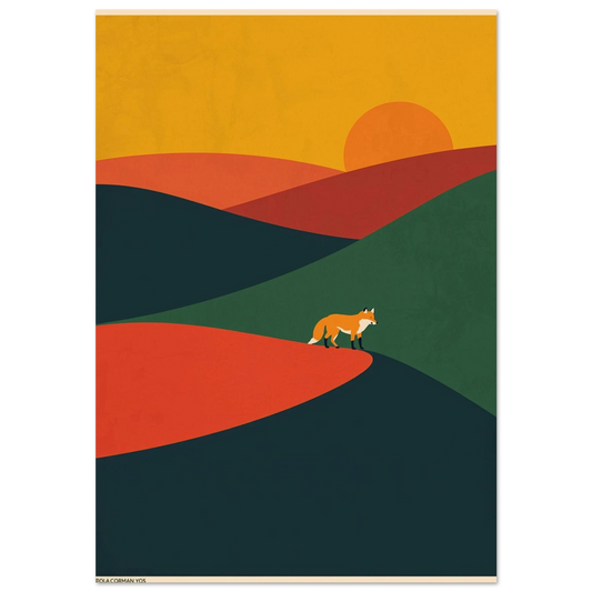 Abstrakt rävposter med böljande kullar och orange solnedgång i modern stil