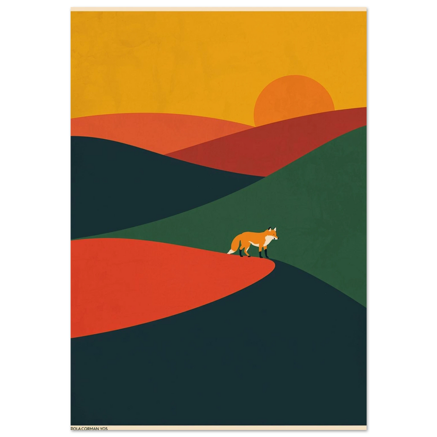 Abstrakt rävposter med böljande kullar och orange solnedgång i modern stil