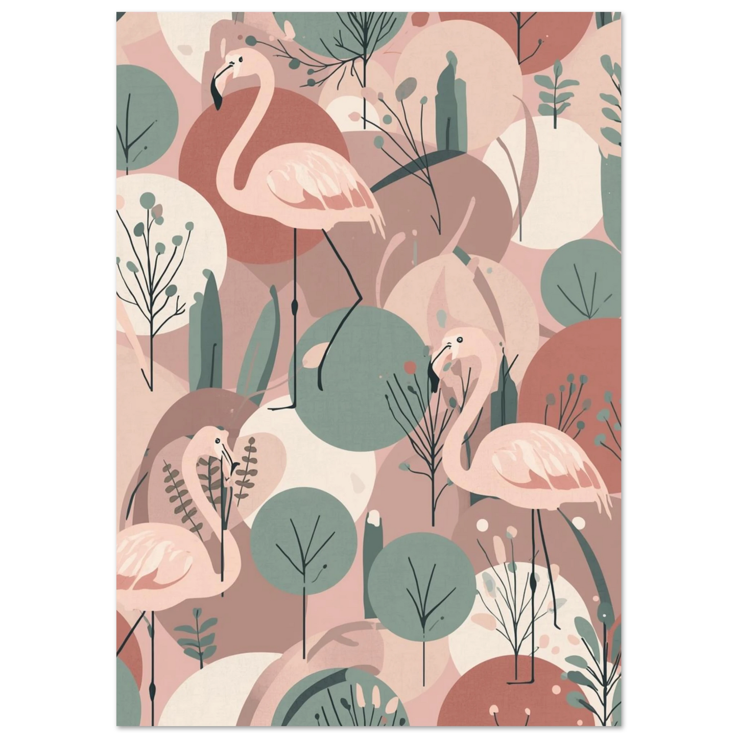 Abstrakt djurposter föreställande eleganta flamingos bland geometriska växter och cirklar
