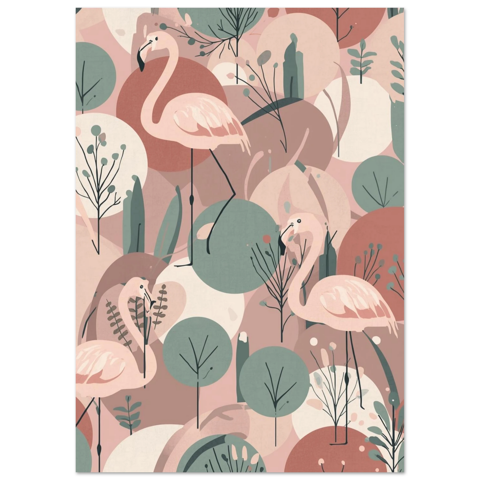 Abstrakt djurposter föreställande eleganta flamingos bland geometriska växter och cirklar