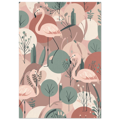 Abstrakt djurposter föreställande eleganta flamingos bland geometriska växter och cirklar