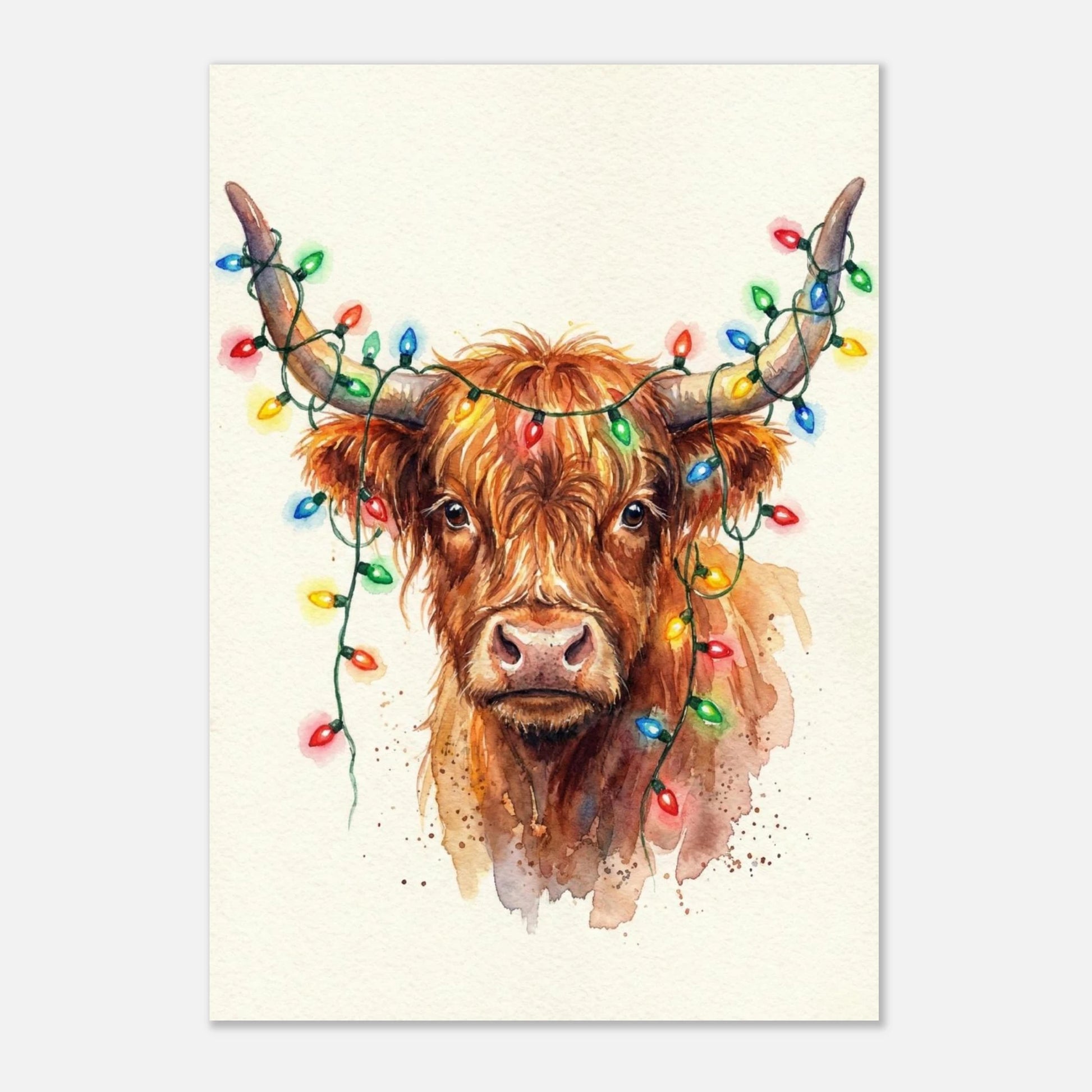 Charmig julposter föreställande en brun ko med horn prydda av små färgstarka lampor