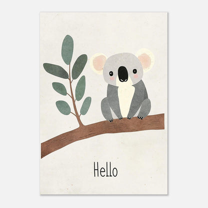 Lekfull koalamotiv med texten Hello, illustration för barnrummets väggar