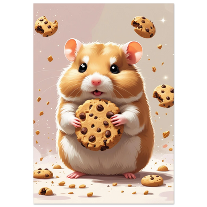 Guldhamster som håller i en stor chokladkaka, lekfull digital illustration