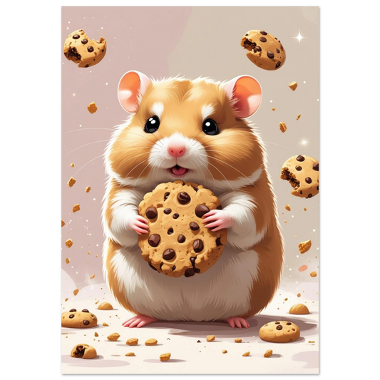 Guldhamster som håller i en stor chokladkaka, lekfull digital illustration