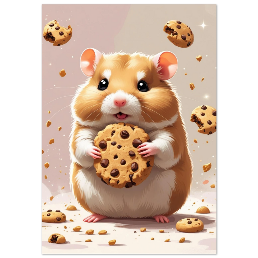 Guldhamster som håller i en stor chokladkaka, lekfull digital illustration