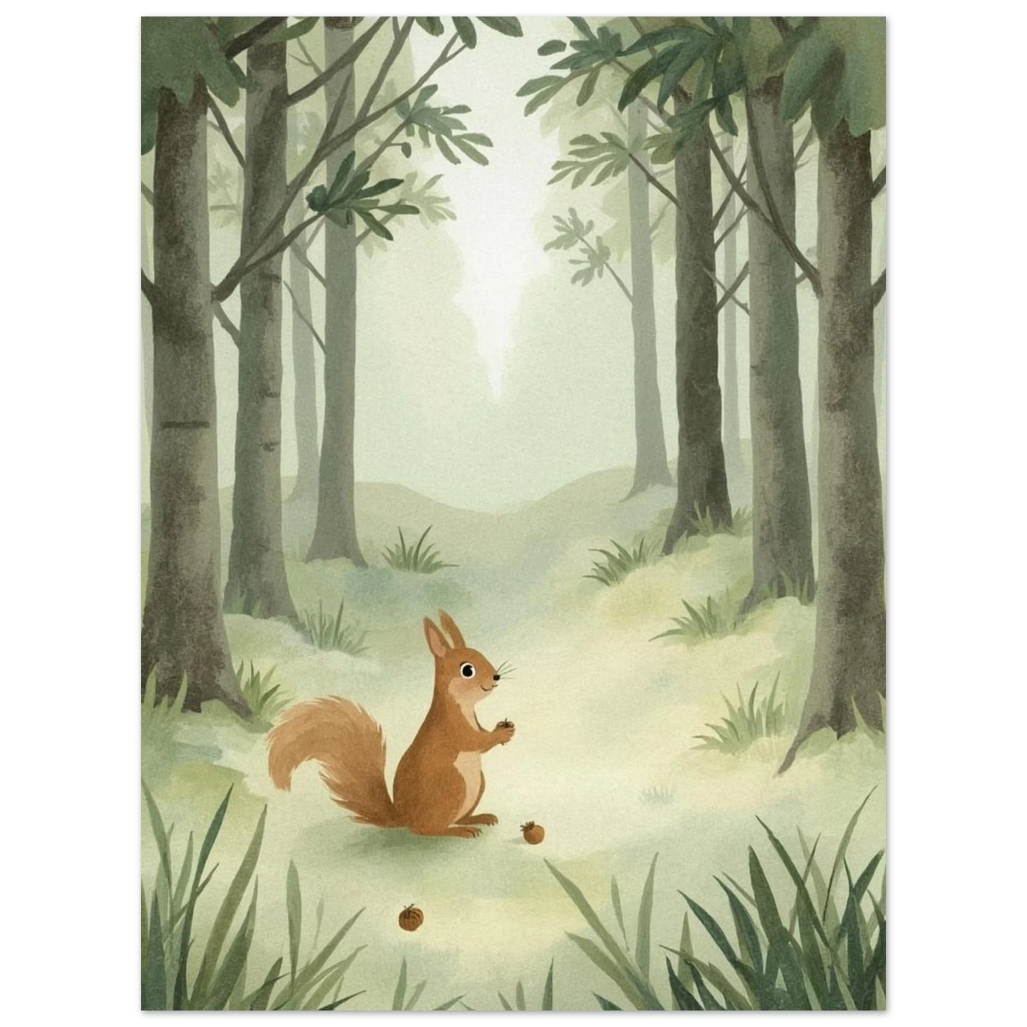 Sagoaktig illustration av ekorre i ljusglänta – harmonisk djurposter