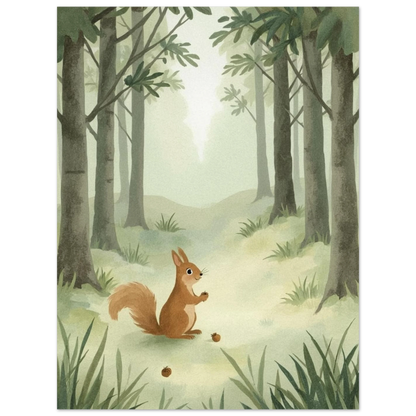 Sagoaktig illustration av ekorre i ljusglänta – harmonisk djurposter
