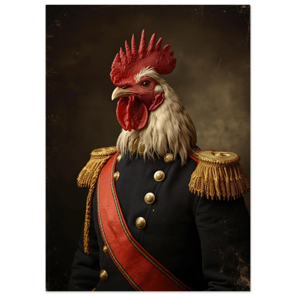 Närbild på tupp i historisk generaluniform med detaljerade guldknappar och fransar