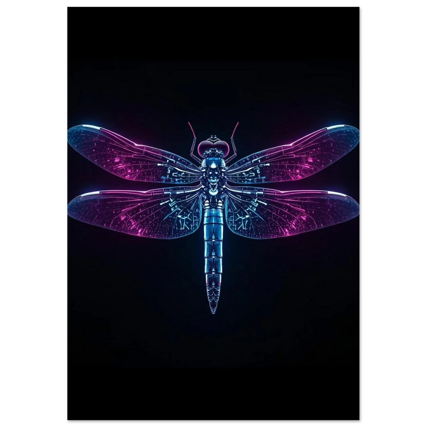 Digital illustration av en glödande trollslända i cyberpunk-stil, innovativt djurmotiv