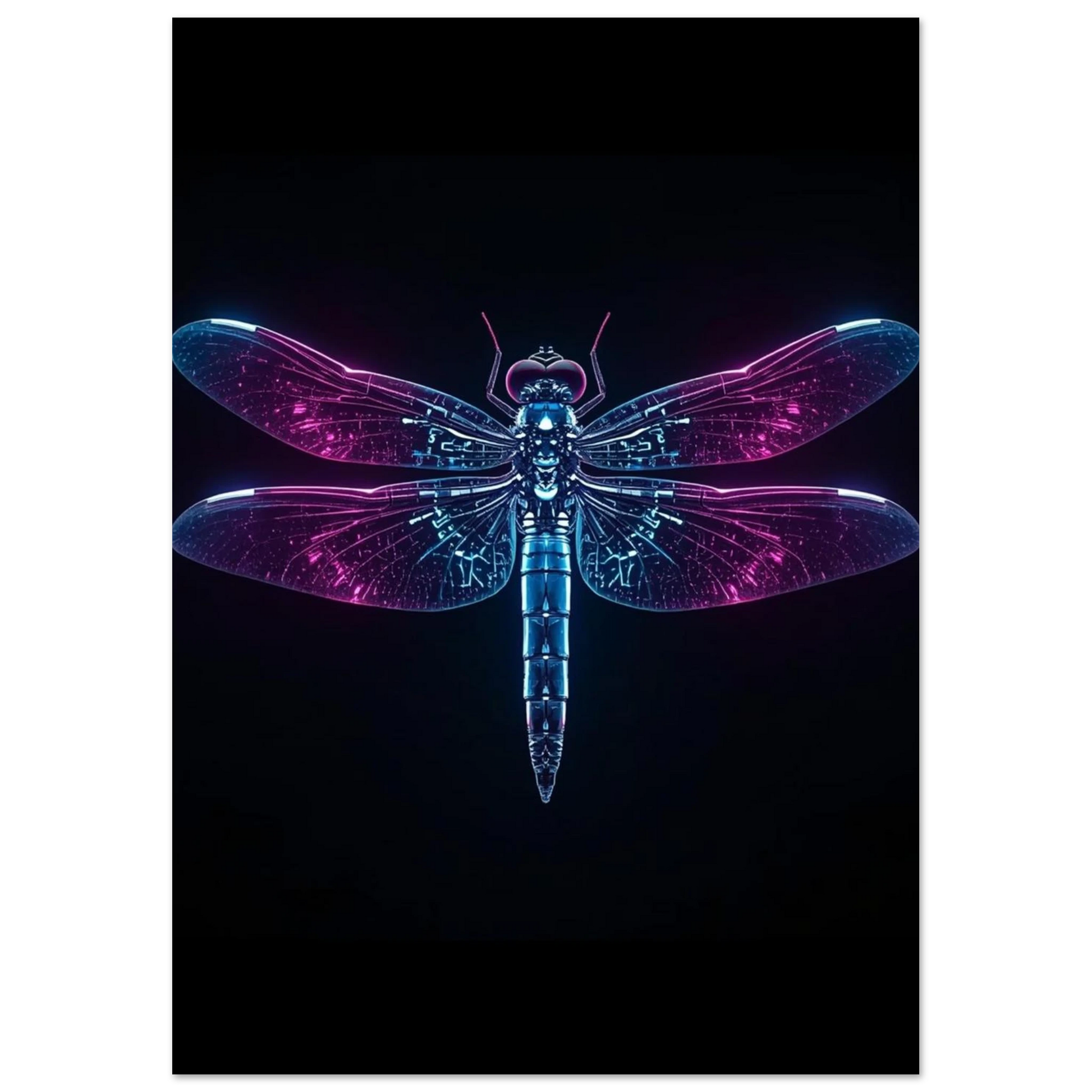Digital illustration av en glödande trollslända i cyberpunk-stil, innovativt djurmotiv