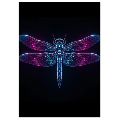 Digital illustration av en glödande trollslända i cyberpunk-stil, innovativt djurmotiv