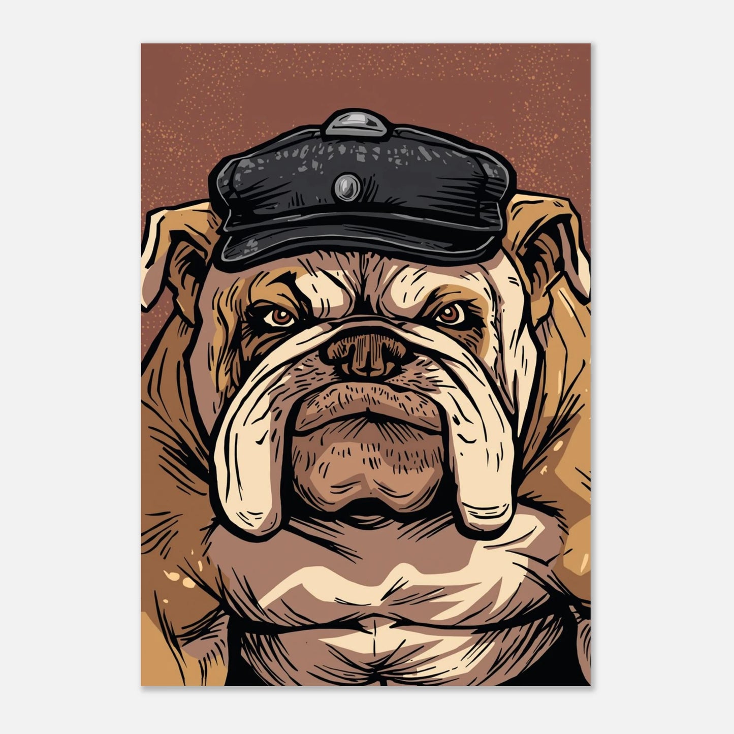 Poster med en engelsk bulldogg i svart keps, urban hundkonst