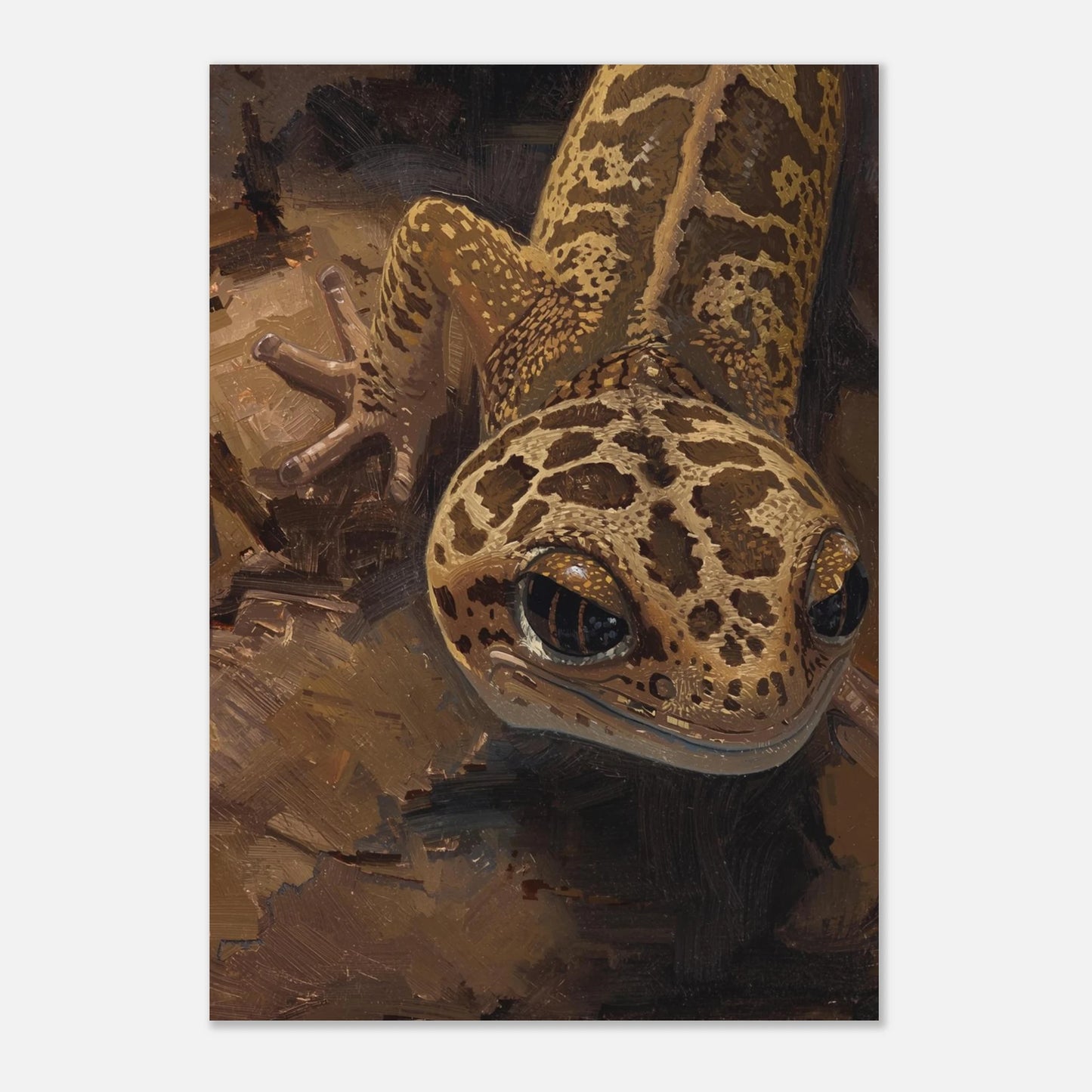Brun djurtavla med en leopardgecko som smälter in i en abstrakt bakgrund