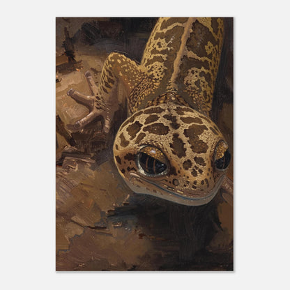 Brun djurtavla med en leopardgecko som smälter in i en abstrakt bakgrund