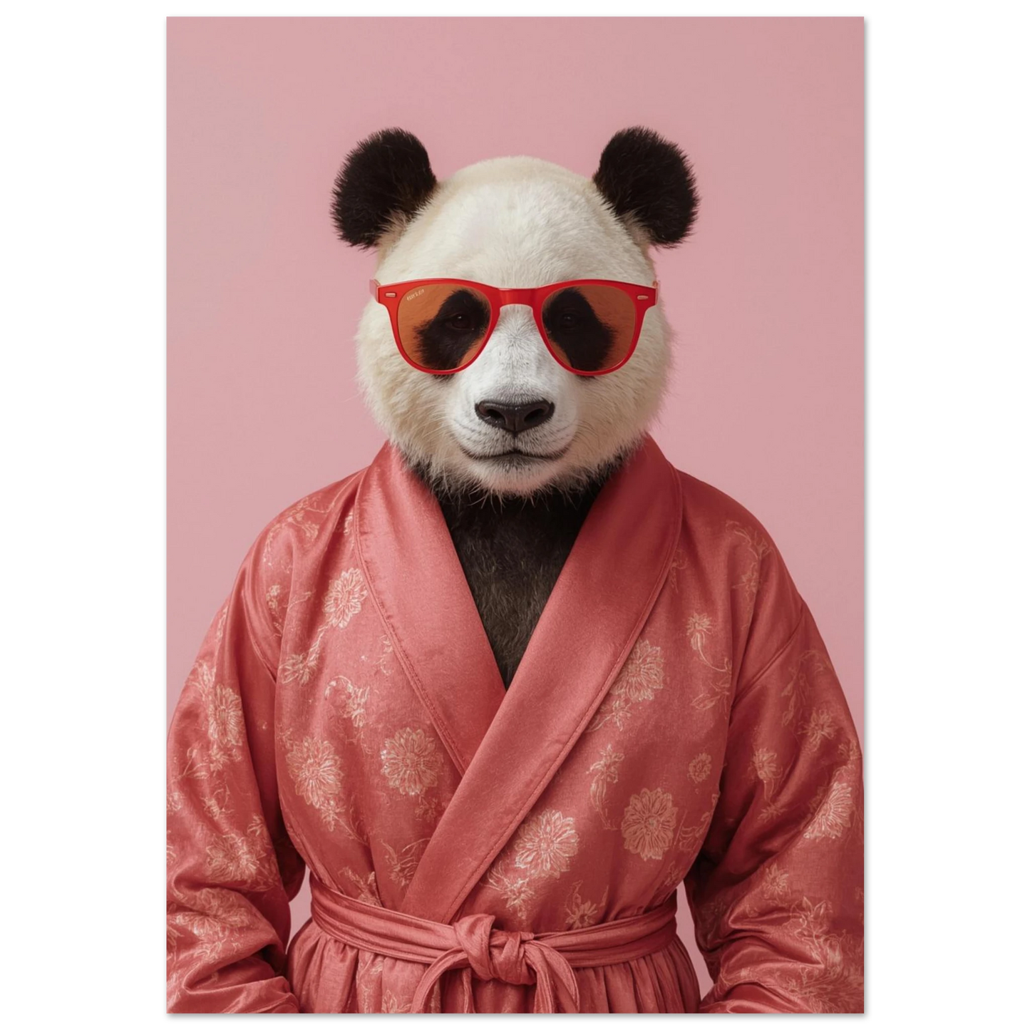 Panda i mörkrosa blommig morgonrock och röda solglasögon – digital djurposter