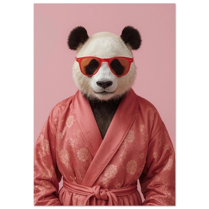 Panda i mörkrosa blommig morgonrock och röda solglasögon – digital djurposter