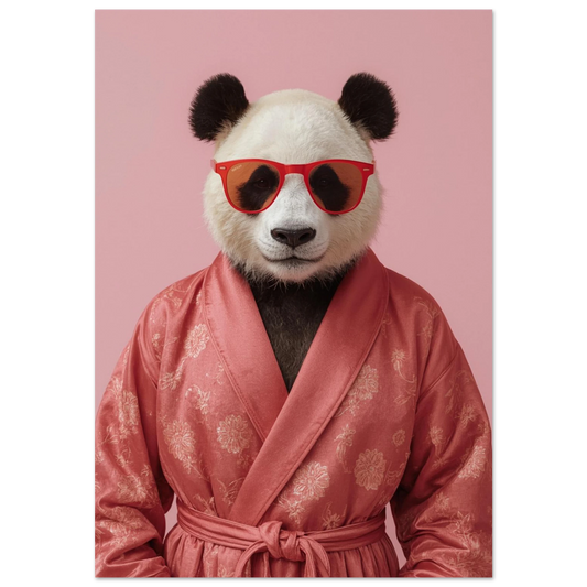 Panda i mörkrosa blommig morgonrock och röda solglasögon – digital djurposter