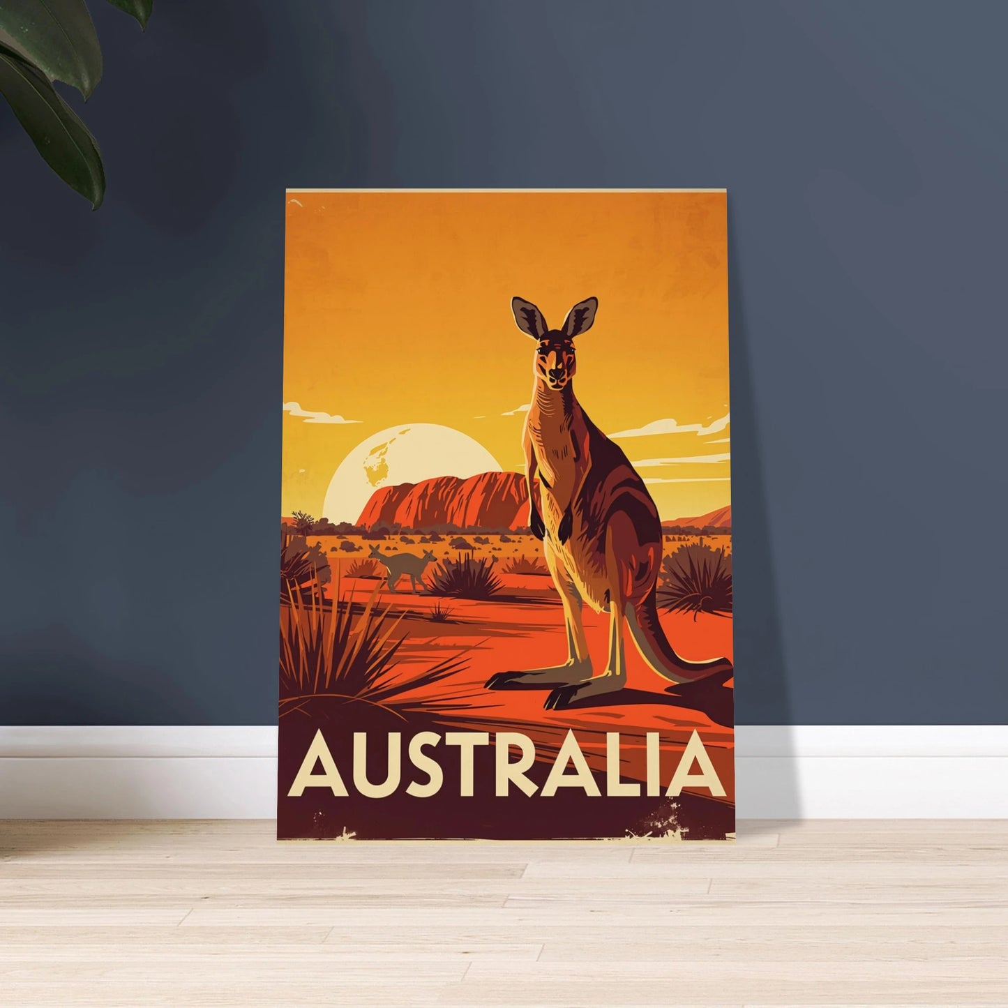 Känguru i australiensiskt ökenlandskap vid solnedgången, vintage reseposter
