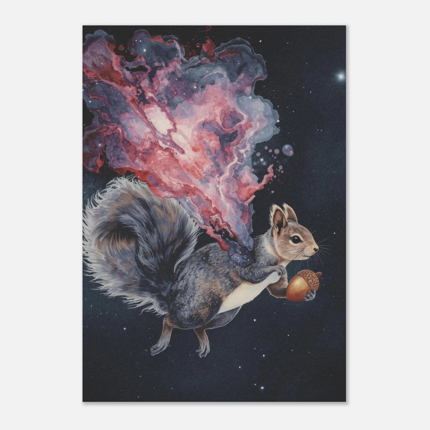 Drömsk djurposter föreställande en ekorre omgiven av stjärnor och nebulosor