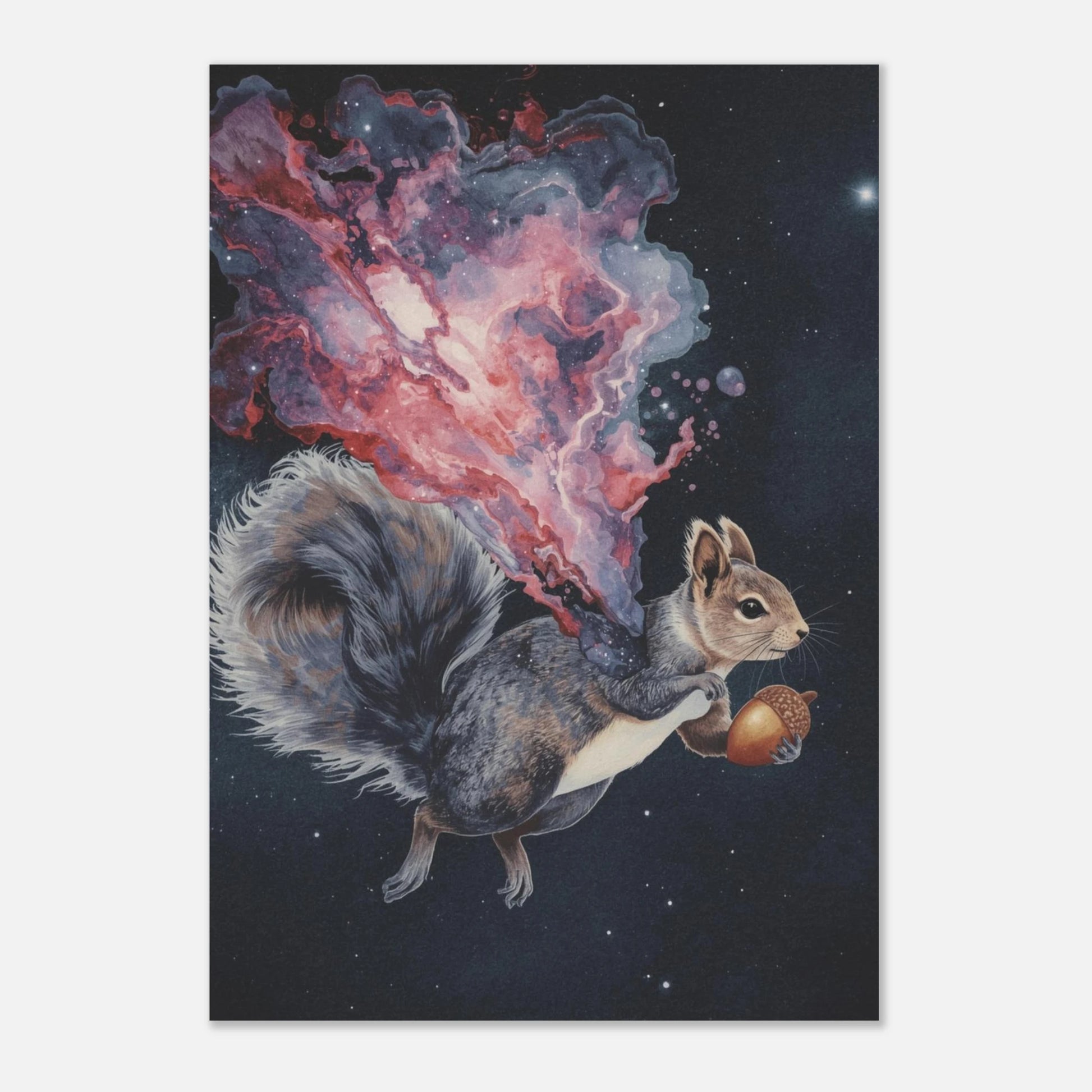 Drömsk djurposter föreställande en ekorre omgiven av stjärnor och nebulosor