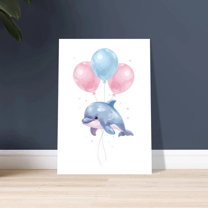 Babydelfin som svävar med ballonger, mjuk och lekfull illustration.