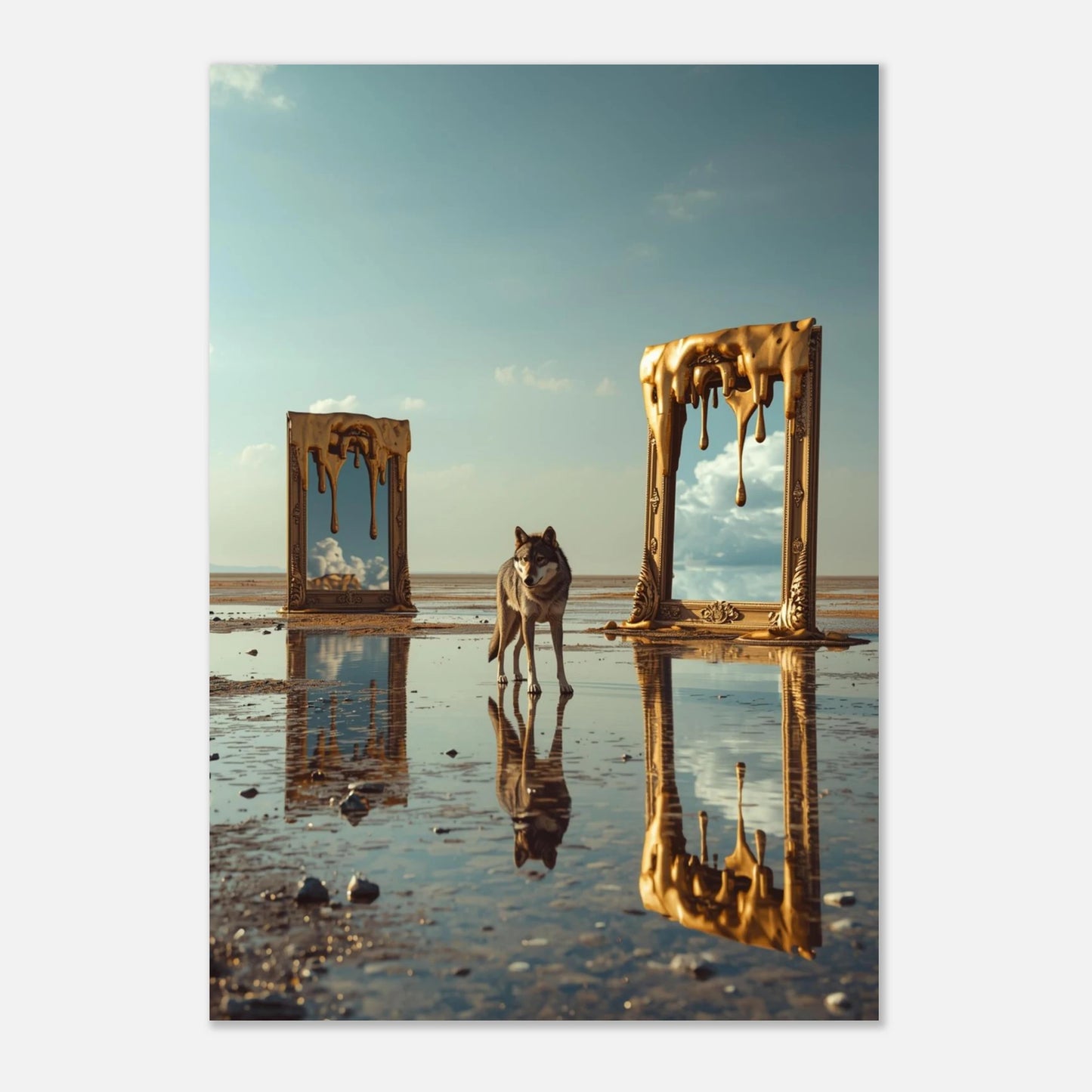 Konstnärligt print av en varg i ett surrealistiskt och reflekterande universum