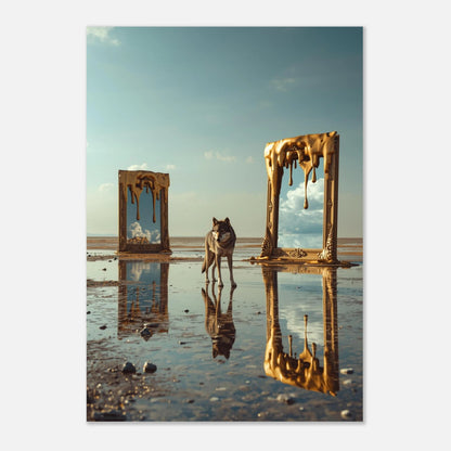 Konstnärligt print av en varg i ett surrealistiskt och reflekterande universum