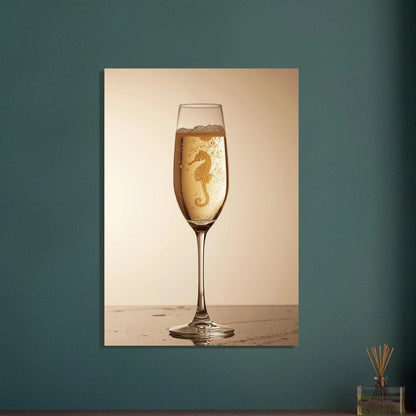 Sjöhäst i champagneglas, bubblande och elegant motiv