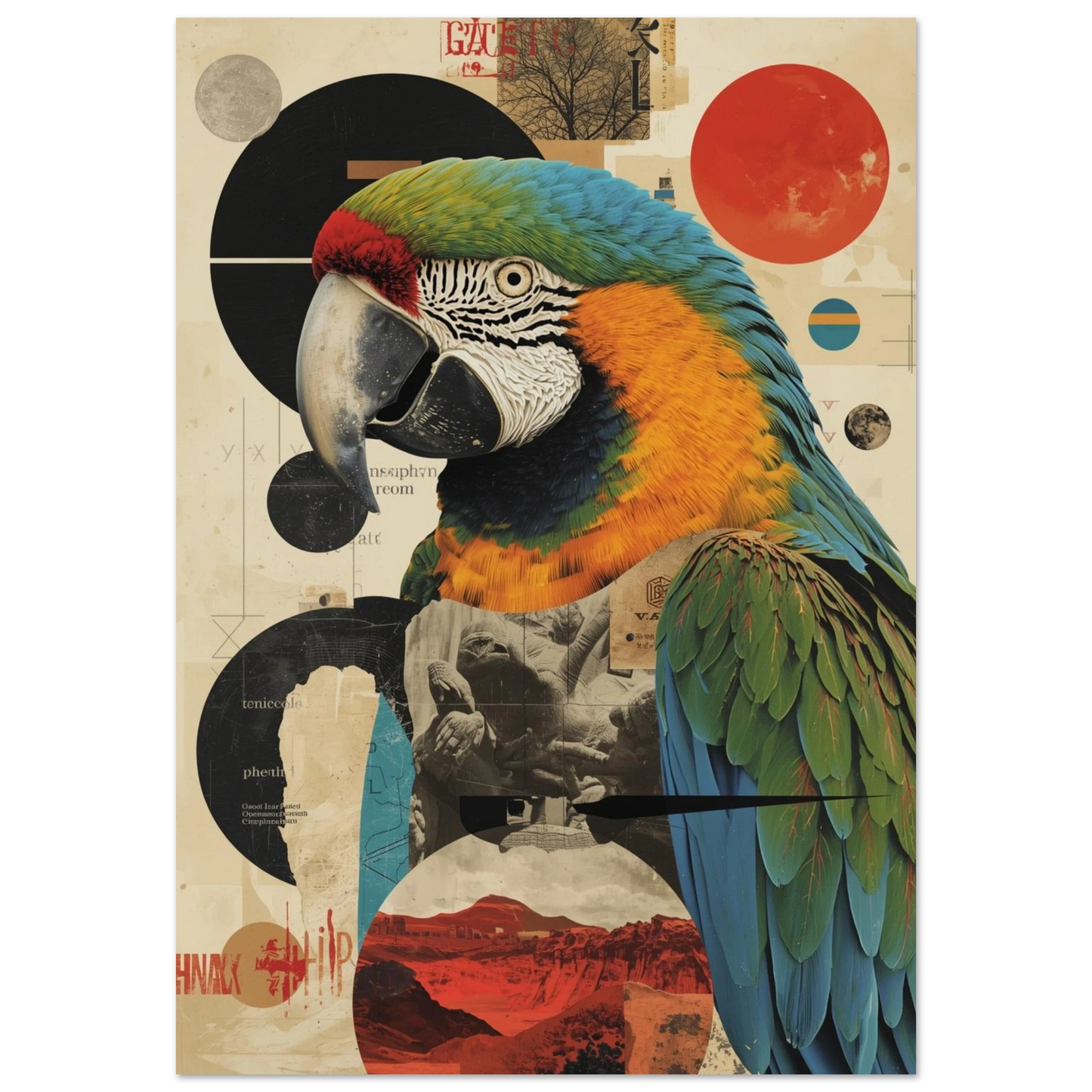 Färgstark papegoja i collage-stil med grafiska cirklar – Retro poster